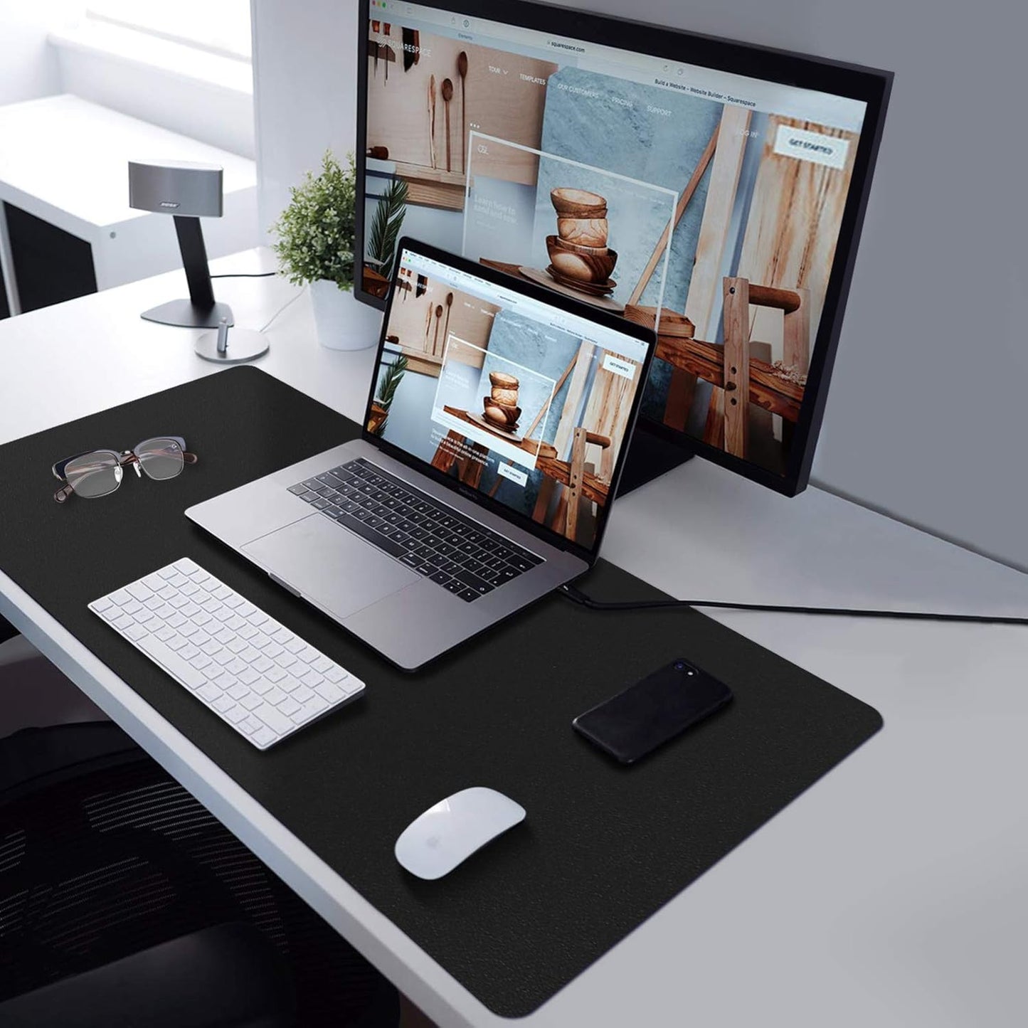 PU Leather Desk Pad with Suede Base, Multi-Color Non-Slip Mouse Pad, 36” X 17” Waterproof Desk Writing Mat, Large Desk Blotter Protector(Black)